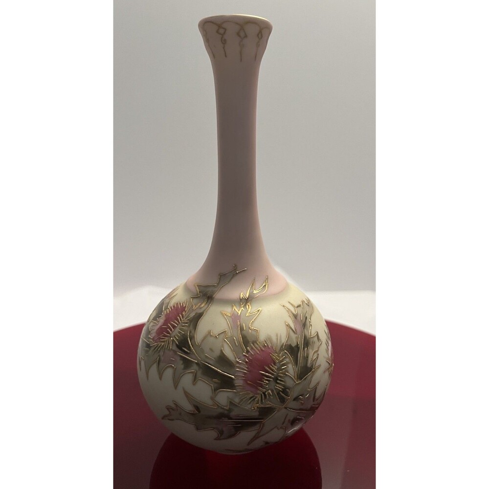VTG Hand Painted Satin Finish Porcelain  Vase Gold Accented Thistle EUC - Picture 5 of 9